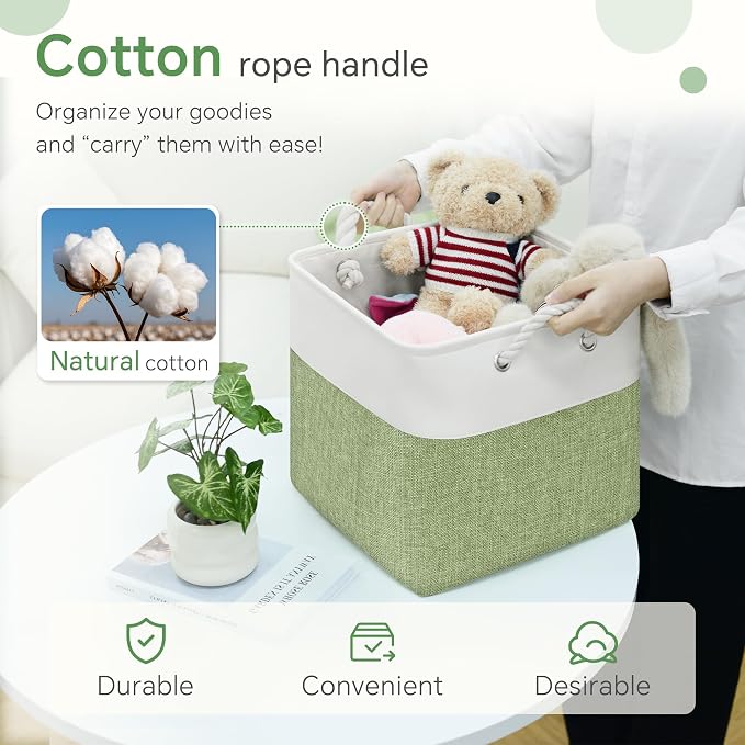 FinishingBo 11 inch Cube Storage Bin with Handles 6 Pack | Foldable Basket, Fabric Storage Bins, Closet Storage, Home Organizer (White/ Green)