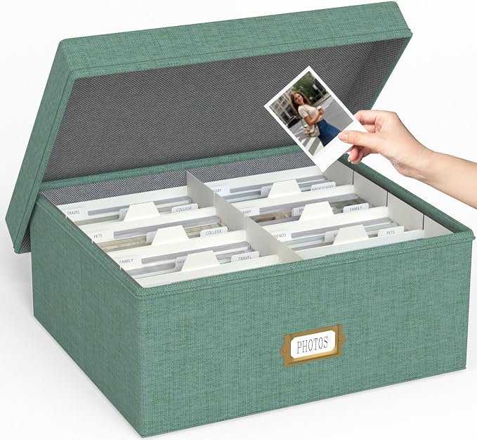 Decorative Photo Storage Box, Linen Photo Box Holds 1700 4x6 Pictures Green | Photo Storage Containers with 8 Dividers, Memory Keepsake Organizer for Photos, Scrapbook Supplies, Cards, Stamps,Archive Box
