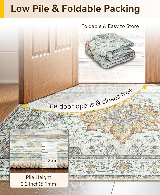 Area Rugs 2'x8' Runner Rug Non Slip Washable for Kitchen Hallway Bedroom Beside Laundry Room Bathroom Rug, Floor Carpet, Light Yellow Carbon Grey Orange