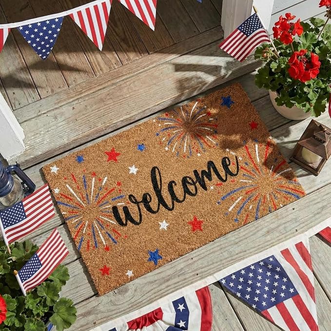Moucuny 2 Pcs 4th of July Coir Door Mat Outdoor, Patriotic Non-Slip Decor