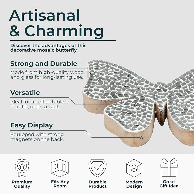 Mango Wood Butterfly Figurine Sculpture – Artful Room Home Decor Accent, for Shelf, Desk, or Console Placement, Glass Mosaic Wings Add Light–Catching Detail – 8", White