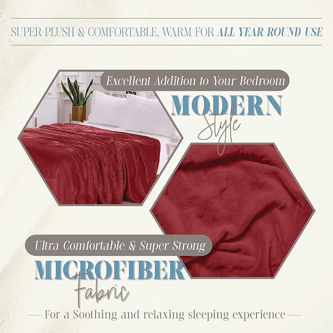 Elegant Comfort Luxury Velvety Feel Blanket, All-Season Lightweight Blanket, Ultra Plush, Soft, Cozy-Fuzzy Flannel Fleece for Couch, Sofa, Bed, Travel, Solid Design, Full/Queen, Burgundy