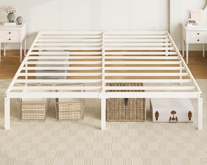 Allewie King Size Bed Frame, 14 inch Metal Beds with Storage Space, Beige | Heavy-Duty Metal Platform Beds, Large Under-Bed Storage Space, No Box Spring Needed, Easy Assembly