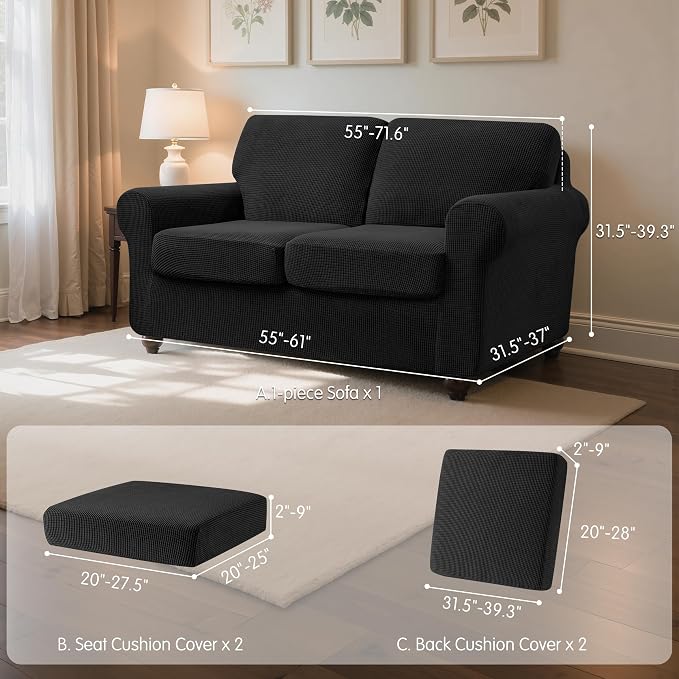 SUBRTEX 5 Pieces Stretch Sofa Slipcover Sets Couch Cover Sets Backrest Cushion Covers Furniture Protector Collection Set for Oversize Sofa Loveseat Chair Slip Covers(Medium, Black)