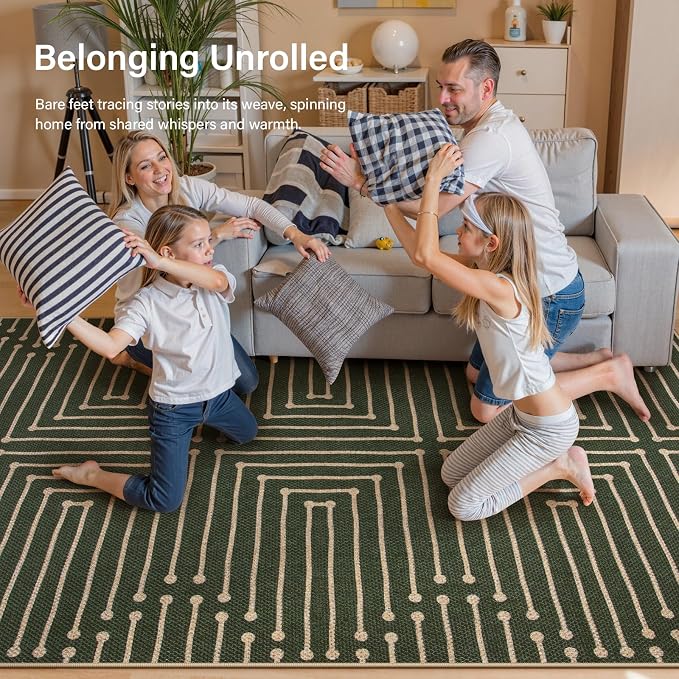 Lahome Maze Line Green Kitchen Runner Rug, 2x8 Outdoor Easy Jute Runner Rug | Nature Non Slip Indoor Outdoor Front Door Carpet for Hallway Entry Laundry