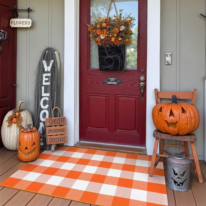Collive Buffalo Plaid Checkered Outdoor Rug, White and Orange Halloween Fall Decor Door Mat, Washable 27.5x43 Inches Front Porch Rug, Layered Welcome Mat Doormat for Porch Entryway Patio Kitchen