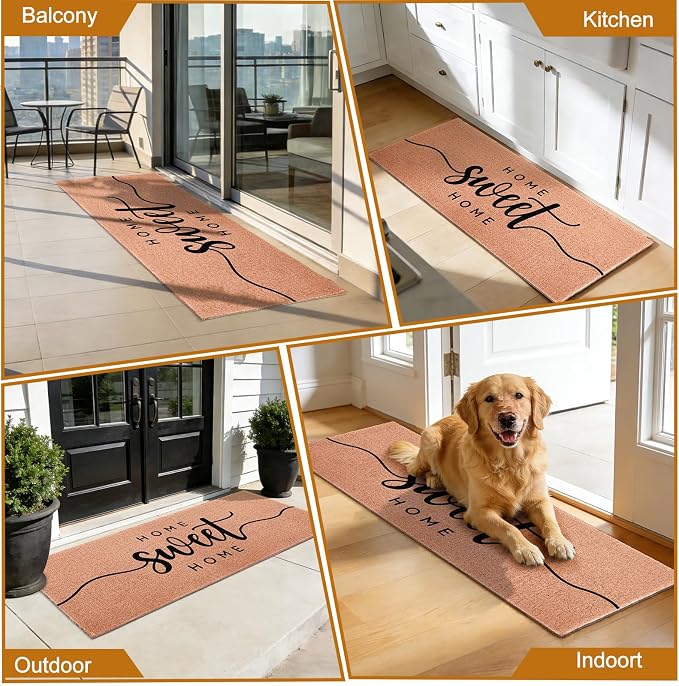 Home Sweet Home Long Doormat for Double Door Entrance, 24x59 Inch | Extra Large Heavy Duty Front Porch Rug with Non Slip PVC Backing, Oversized Decorative Mat for Indoor Outdoor Entryway