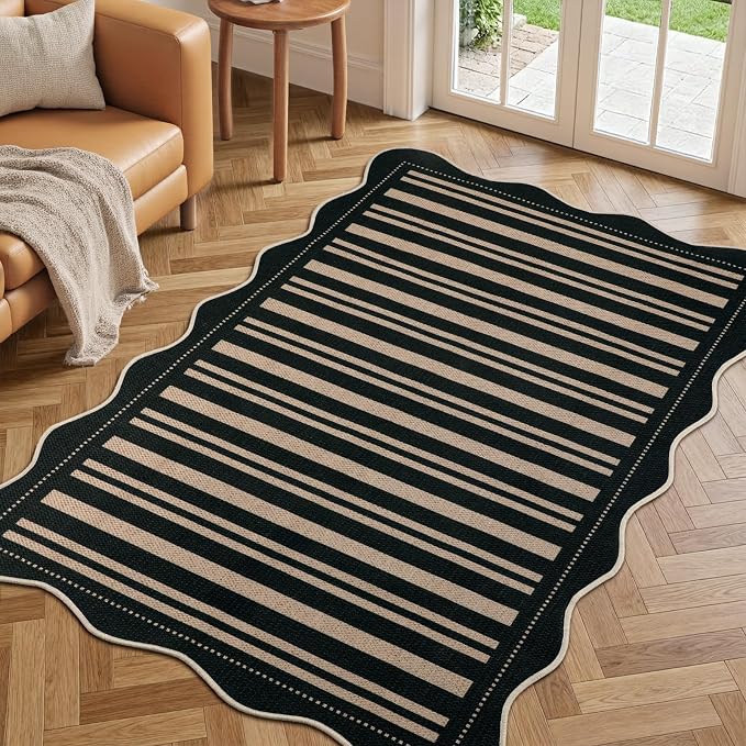 EDIMENS Scalloped Outdoor Rug 3x5 Jute Front Porch Patio Entry Entryway Rug | Striped Front Door Mat Small Non-Slip Washable Area Rug Carpet Low Pile Black Indoor Farmhouse Doormat for Entrance Doorway