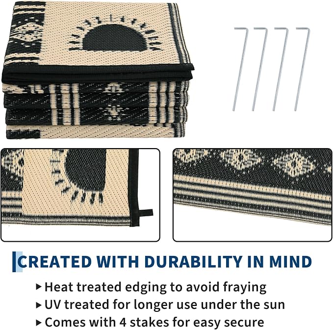 Garvee Waterproof Outdoor Rug 5x8, Cactus Botanical Outdoor Plastic Straw Rug for Camping, Reversible RV Mat Outside, Indoor Outdoor Carpet for Porch, Deck, Backyard, Balcony, Picnic, Black & Brown