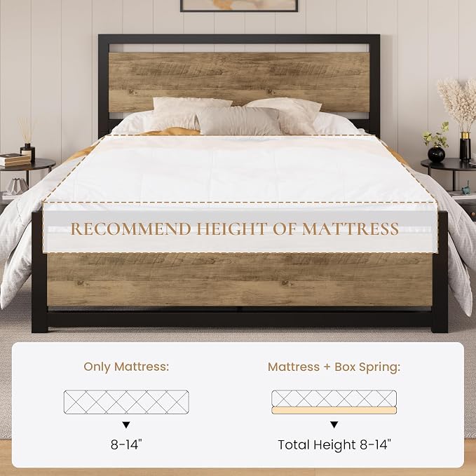 SHA CERLIN Heavy Duty Queen Size Bed Frame with Modern Headboard, Brown | Platform Metal Base with Square Footboard and 13 Strong Slats Support, No Box Spring Needed