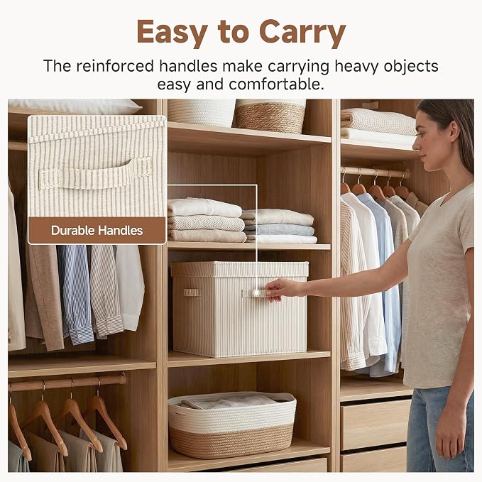 StorageWorks Storage Bins with Lid, Decorative Fabric Storage Bins with Handles, Stackable Closet Organizers for Shelves and Bedroom, Large, Khaki and Beige Stripes, 2-Pack