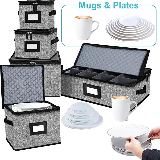5 PACK China Storage Containers-Quilted Mug Storage and Moving Boxes for Dishes,Dish Packing Supplies for Moving,Dinnerware &Accessories,Holds a total of 48 plates (4 sizes) and 12 cups(Grey) | Holds 48 Plates (4 sizes) and 12 Cups,Dish Packing Supplie...