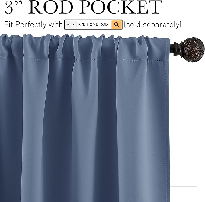 RYB HOME Blackout Privacy Bathroom Window Curtains, Short Thermal Insulated Heat Blocking Privacy Rod Pocket Half Window Curtain Tiers for Nursery Bedroom, Width 42 by Length 30, Stone Blue, 2 Panels