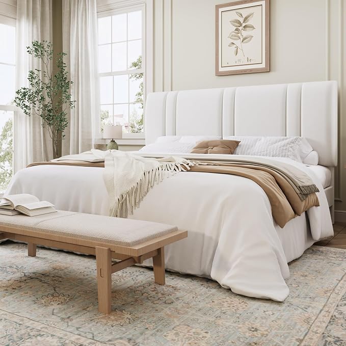 SHA CERLIN King Size Velvet Bed Frame with Adjustable Headboard, White | Vertical Channel Tufted Design, Upholstered Platform Bed, Wood Slats Support/No Box Spring Needed/Easy Assembly