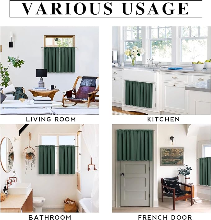 RYB HOME Basement Bathroom Kitchen Cafe Blackout Privacy Curtains, Short Insulating Light UV Heat Blocking Privacy Curtain Tiers for Laundry Room, Width 34 by Length 30, Dark Green, 2 Panels