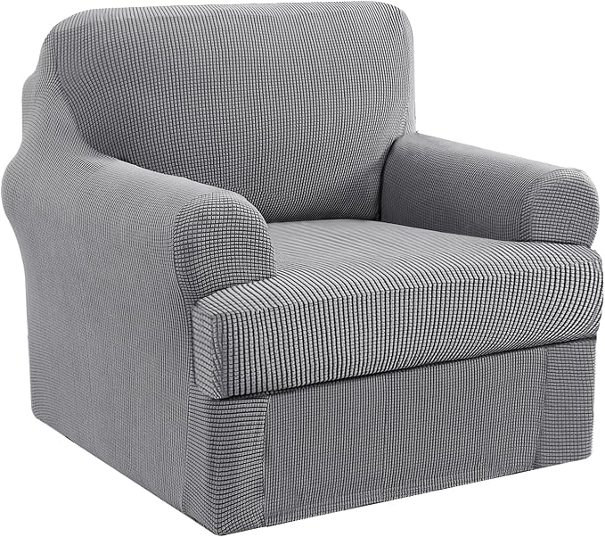 H.VERSAILTEX Stretch Armchair Covers Slipcover 2 Piece Chair Covers for Living Room Furniture Cover Suit for T Cushion/Box Cushion, Spandex Jacquard Fabric Small Checks(Armchair-Standard, Dove)