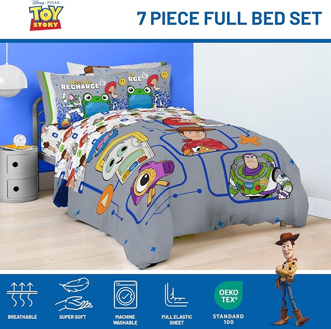 Jay Franco Kids Comforter Set Includes Sheets and Pillow Covers - Soft and Cozy Bed Set for Stylish Room Decor, Official Licensed Bedding, Grey - Toy Story, 7 Piece Full