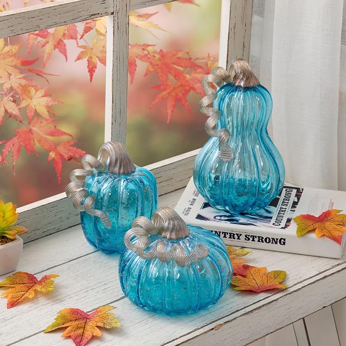 Glitzhome Decorative Hand Blown Glass Pumpkin Figurine, 6.1" H, Blue