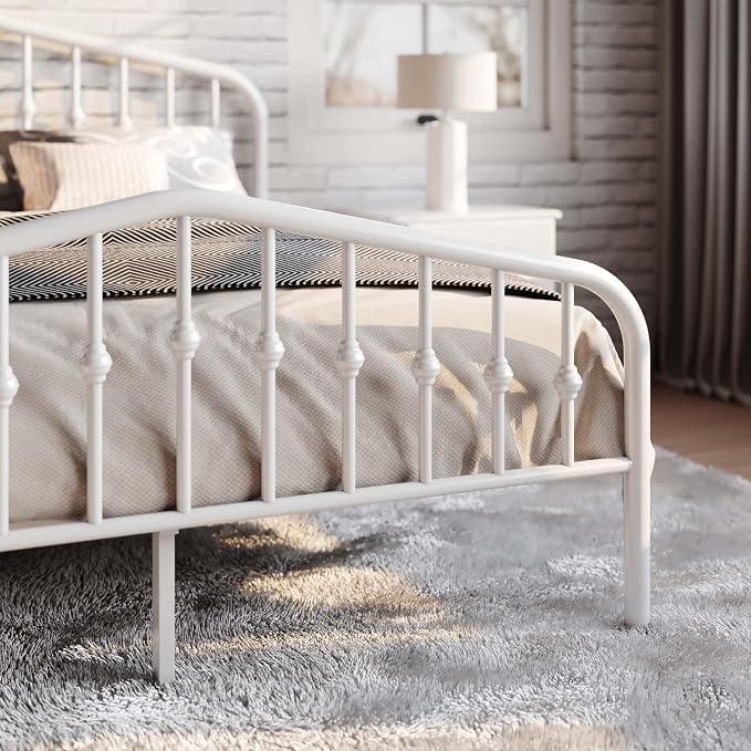 SHA CERLIN Queen Metal Bed Frame with Wrought Iron-Art Headboard, White | Victorian Style Metal Platform Bed Frame, Wrought Iron-Art Headboard and Footboard, Under-Bed Storage, No Box Spring Needed