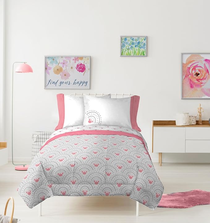 Disney Minnie Mouse Twin Comforter Set 5 Piece Bedding for Girls, Grey | Bed in a Bag, Comforter Sheets Sham Pillowcase, Official Product, Soft Microfiber, Machine Washable, Easy Care, Girls Gift