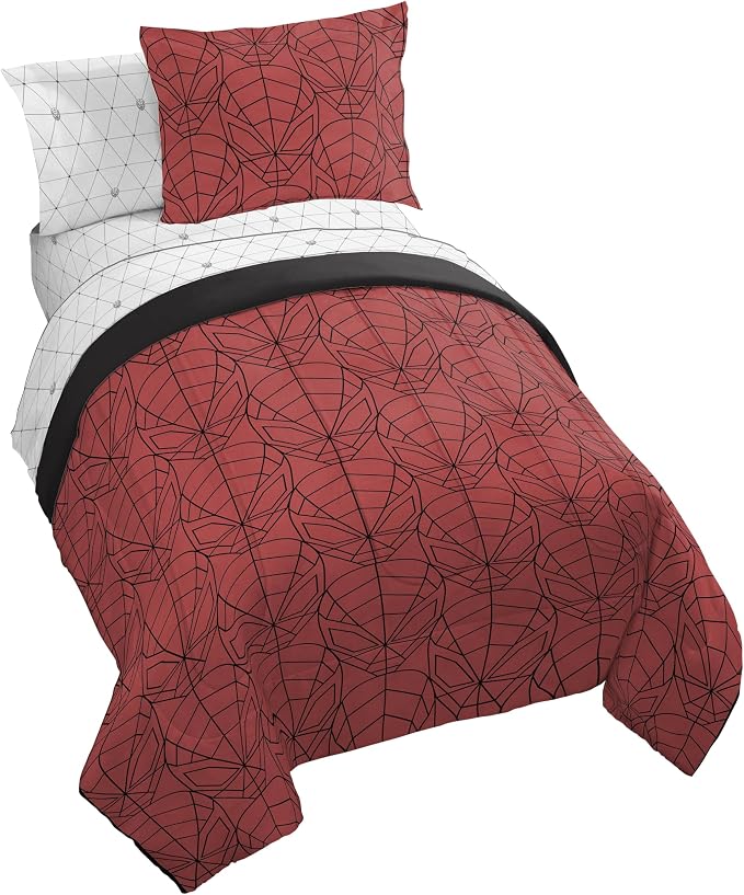 Marvel Spiderman Twin Comforter Set 5 Piece Bedding for Boys, Red | Bed in a Bag, Comforter Sheets Sham Pillowcase, Official Product, Soft Microfiber, Machine Washable, Easy Care, Boys Gift