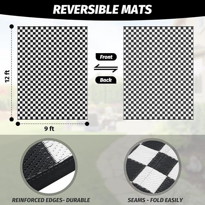 GOTGELIF Massive Outdoor Patio Rug - 9x12FT, Reversible & Water-Resistance & Portable for RV Trips, Picnic, Camping, Outdoor, Garden, Patio - Black and White Checkered