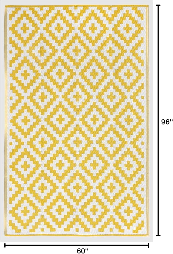 FH Home Outdoor Camping Rug - Waterproof, Fade Resistant, Reversible - Premium Recycled Plastic - Geometric - Patio, Deck, Sunroom, RV - Aztec - Yellow & White - 5 x 8 ft Foldable