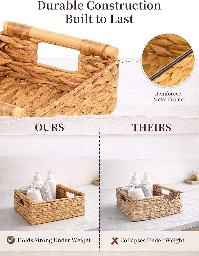 Wicker Basket, Large Basket for Gift Baskets Empty, 13.4x9.5x4.7in | Water Hyacinth Woven Basket for Organizing, Rectangular Basket with Wooden Handles for Shelves, Snacks, Toys, Books, Laundry