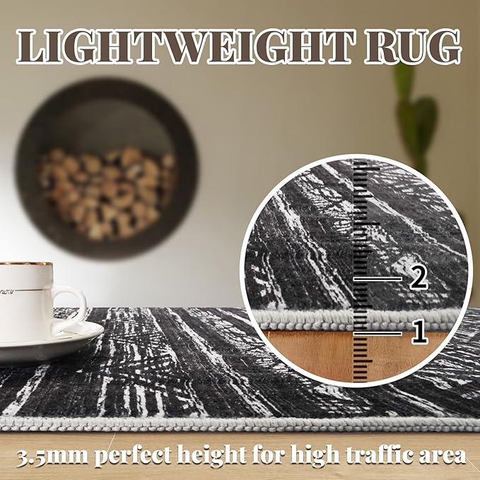 Moroccan Washable Hallway Runner Rug - 2'6"x12' Kitchen Rugs for Living Room Bedroom with Non Slip Floor Carpet Soft Low Pile Floor Mat Thin Hallway Runner Rug 2'6"x12' Black