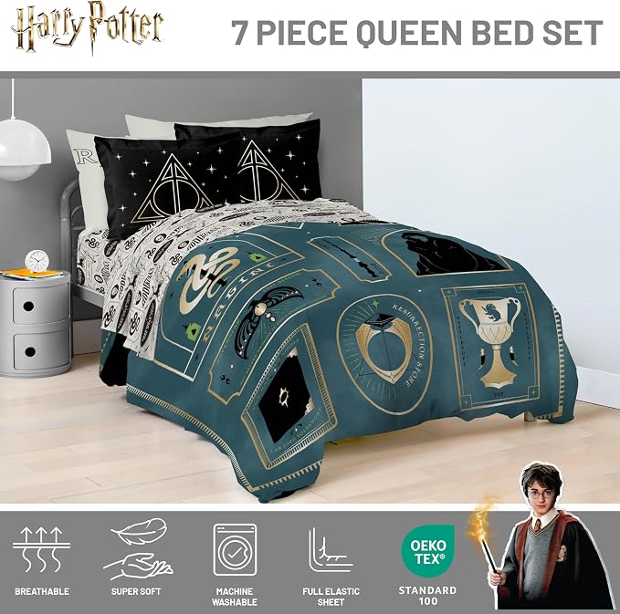 Harry Potter Queen Comforter Set 7 Piece Soft Fantasy Bedding, Blue | Deathly Hallows, Bed in a Bag, Comforter Sheets Shams Pillowcases, Official Product, Soft Microfiber, Machine Washable, Gift