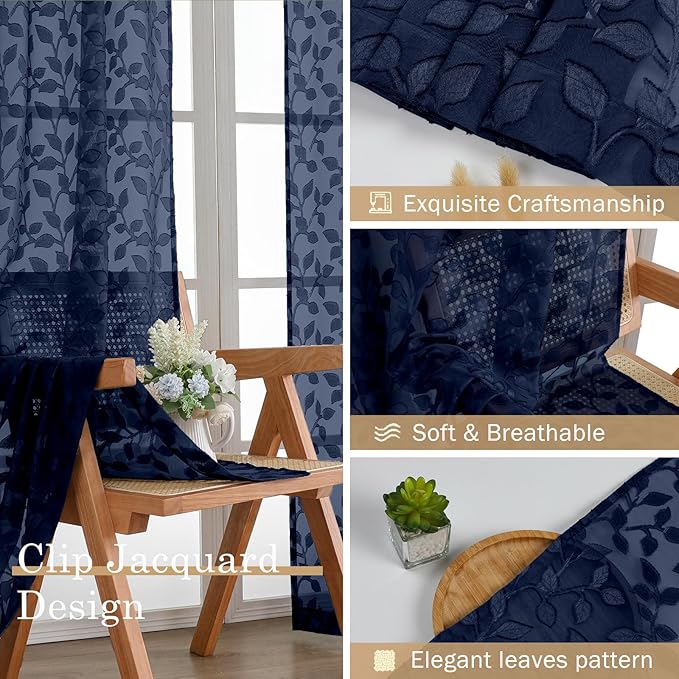 Chyhomenyc Navy Blue Sheer Curtains 30 Inch Length, Light Filtering Leaf Tufted - Image 7
