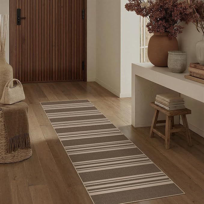 PureCozy Striped Easy Jute 2x6 Kitchen Runner Rug Brown Washable Carpet for Hallway Non Slip Farmhouse Neutral Non Shedding Indoor Outdoor Long Rug Bathroom Bedroom Laundry Entryway