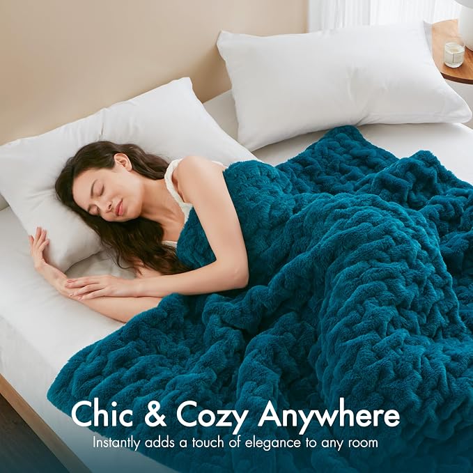 Madison Park Ruched Faux Fur Luxury Throw Teal 50*60 Premium Soft Cozy Brushed Long Faux Fur For Bed, Coach or Sofa | Luxury, Premium, Soft Cozy Brushed Long Pile, All Season Plush Modern OEKO- TEX Certification Warm For Bed, Couch or Sofa