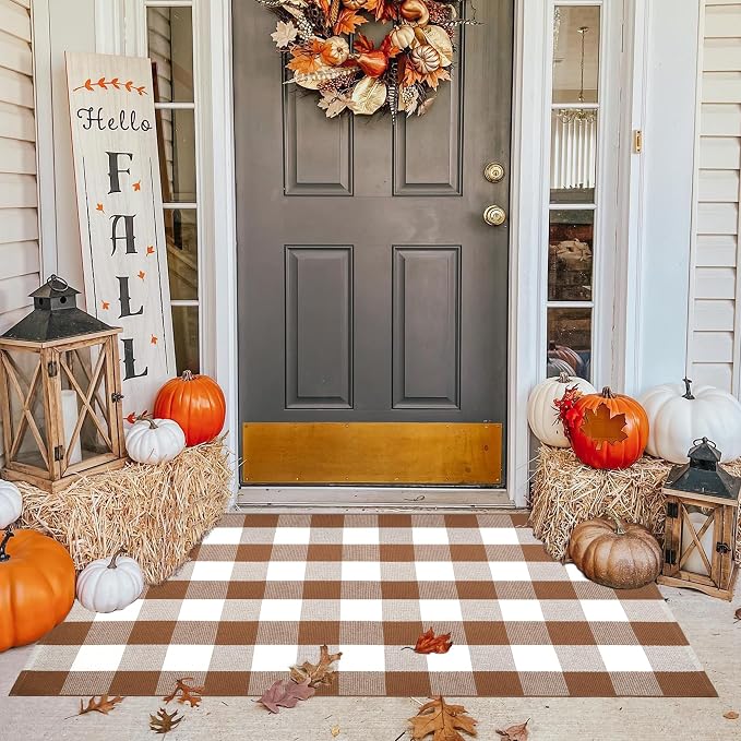 Ckorzen Coffee and White Plaid Rug, 3' x 5' Outdoor Front Porch Door Decor Mat, Washable Cotton Woven Farmhouse Area Rug for Layered Door Mats Carpet, Entryway, Easter Décor