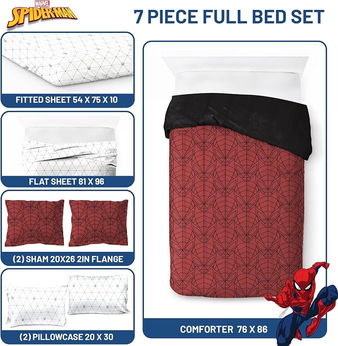 Marvel Spiderman Full Comforter Set 7 Piece Bedding for Boys, Red | Bed in a Bag, Comforter Sheets Shams Pillowcases, Official Product, Soft Microfiber, Machine Washable, Boys Gift