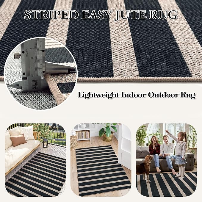 Lahome Striped Easy Jute 3x5 Outdoor Patio Rug, Washable Rugs for Porch | Entryway Indoor Living Room Black Area Rug, Geometric Modern Farmhouse Neutral Door Mat, Non Slip Carpet for Backyard
