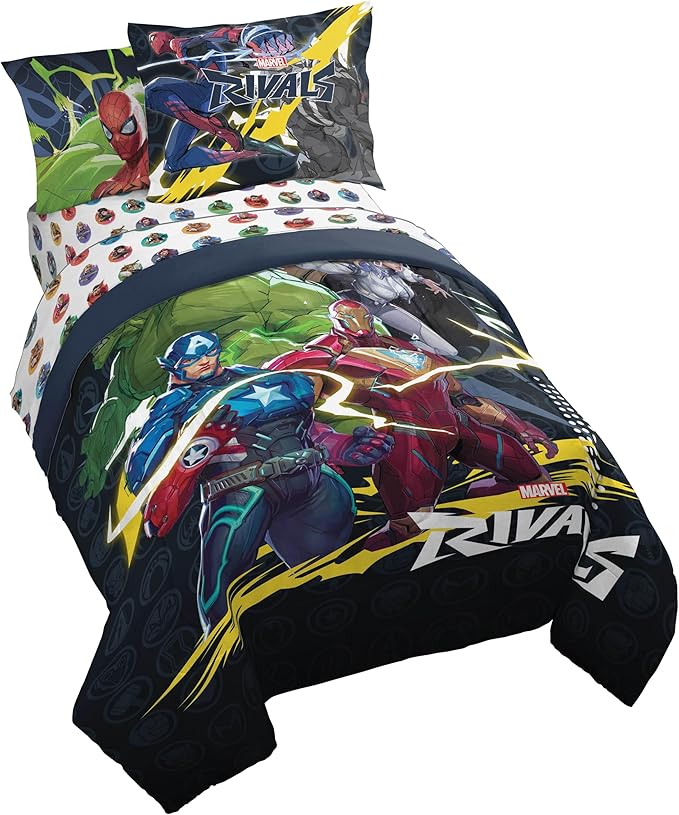 Marvel Rivals Full Size Comforter Set 7 Piece Superhero Bedding, Multi | Avengers, Comforter Sheets Shams Pillowcases, Official Product, Soft Microfiber, Machine Washable, Boys Gift