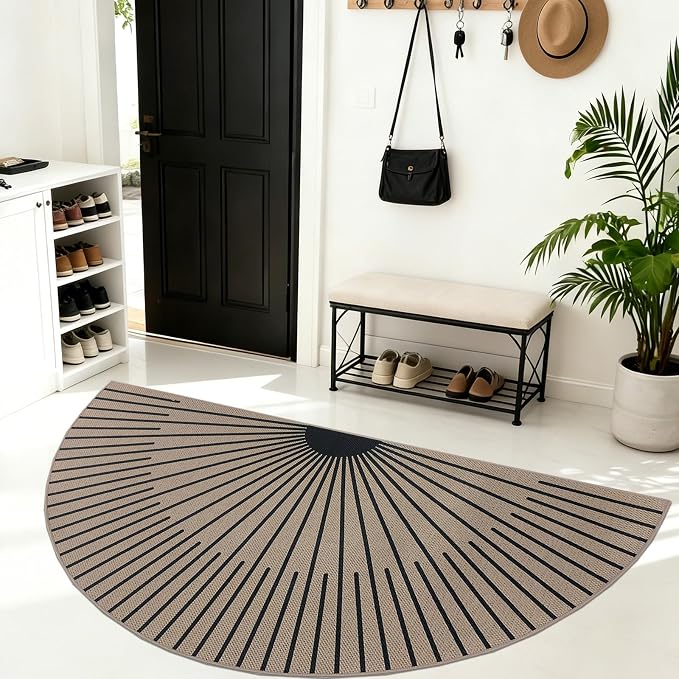 Easy Jute Rug 3x6Ft Half Circle Sunshine Doormat Neutral Faux Jute Indoor Outdoor Sun Carpet for Farmhouse Bedroom Entrance Balcony Kitchen Laundry Room, Nonslip, Half Round, Black 7