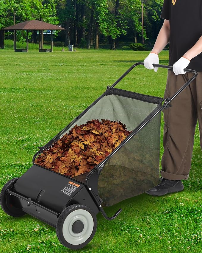 21-Inch Push Lawn Sweeper, 3.5 Cu. Ft. Hopper Capacity Leaf & Grass Collector with 4 Spinning Brushes, Adjustable Height, for Grass Clippings, Leaves & Debris, Black