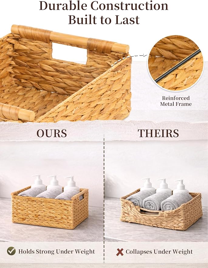 Wicker Basket, Large Basket for Gift Baskets Empty, 15.4x11x6.3in | Water Hyacinth Woven Basket for Organizing, Rectangular Basket with Wooden Handles for Shelves, Snacks, Toys, Books, Laundry
