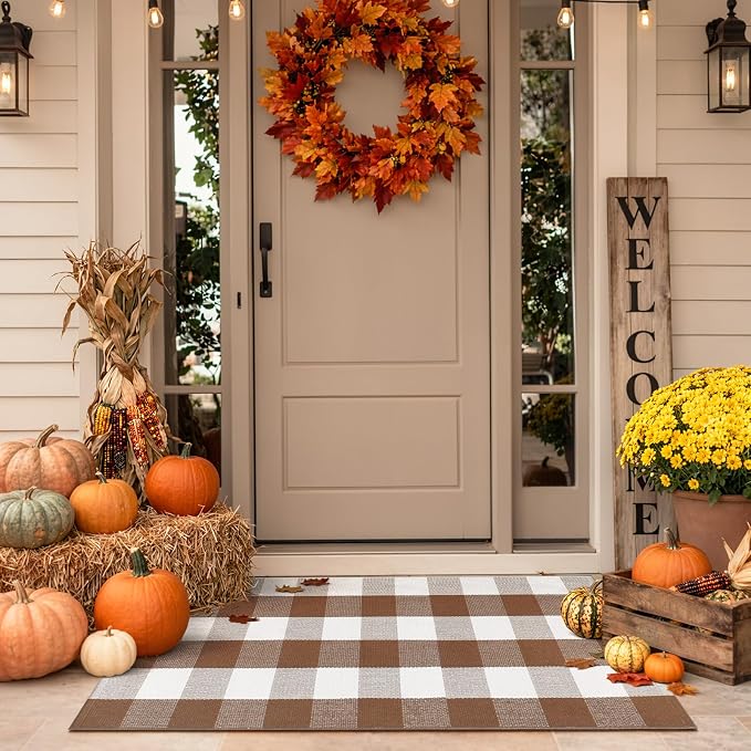 Uphome Bufflo Plaid Outdoor Rug 2'x4.3', Fall Decor Checkered Front Door Mat, Indoor Outdoor Farmhouse Cotton Porch Rug for Layered Door Mats, Washable Brown Carpet Runner for Patio Entryway
