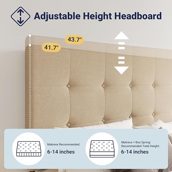 Allewie Upholstered Queen Size Platform Bed Frame with 4 Storage Drawers and Headboard, Square Stitched Button Tufted, Mattress Foundation with Wooden Slats Support, No Box Spring Needed, Beige