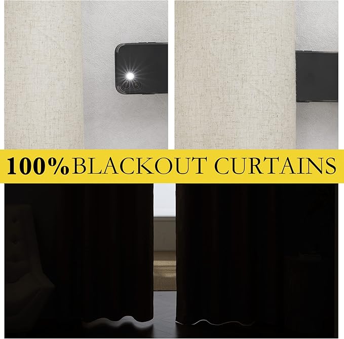 NICETOWN Natural Linen Curtains 45" Long with Noise Reducing for Small Window, 52" Wide, 2 PCs, Complete Blackout Drapes, Thermal Insulated & Noise Reducing Window Draperies with White Liner