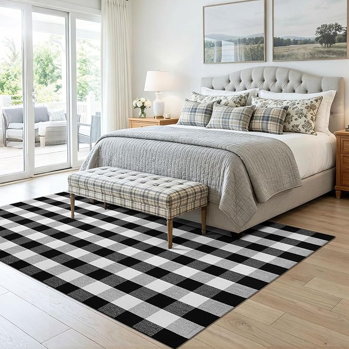 KOZYFLY Buffalo Plaid Area Rug 5x7 Living Room Rug Washable Cotton Black and White Checkered Rugs Outdoor Carpet for Dining Room Bedroom Farmhouse Patio Rugs