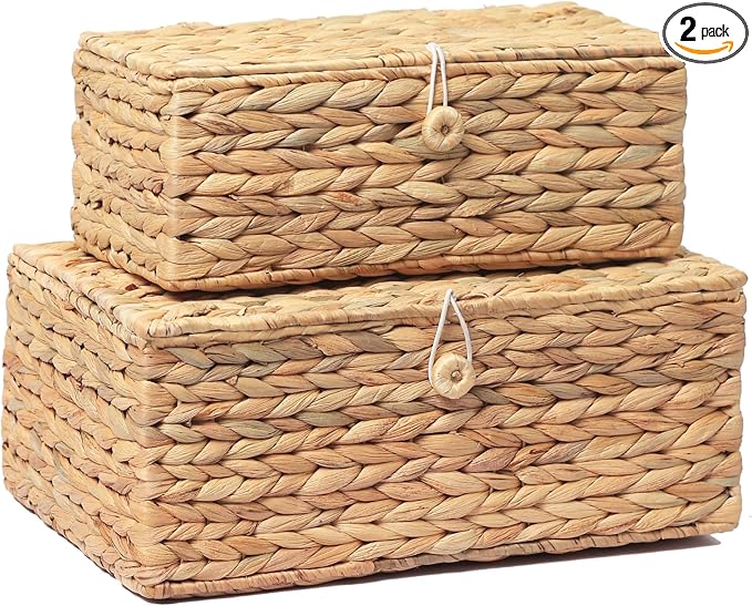 LUSYDECO Set of 2 Rectangular Wicker Storage Bins with Lid, Rattan Basket Decorative Boxes, Multipurpose Organizer Display Boxes for Shelf Organizer, Boho Rattan Box for Home Decoration