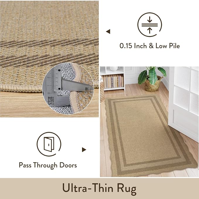 LIVEBOX Scalloped Washable 8x10 Rug, Easy Jute Tan Rug for Living Room, Indoor Outdoor Patio Non Slip Rugs for Bedroom, Geometric Farmhouse Dining Room Mat Modern Carpet Area Rug for Home Office Decor