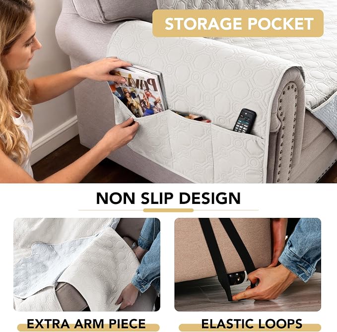 H.VERSAILTEX 100% Waterproof Chair Slip Cover Thick Durable Couch Covers for Dogs Triple Non-Slip Couch Protector Sofa Covers for Pets Washable(Chair, Beige)