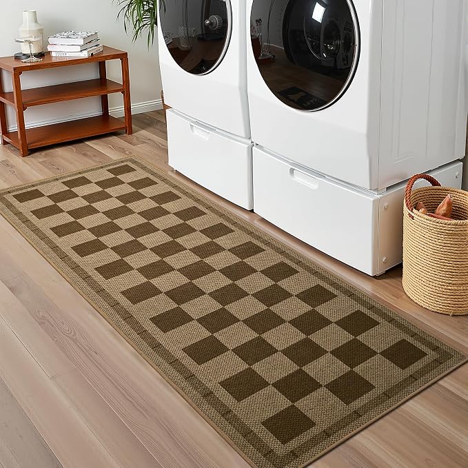 Vasofe 2x6 Jute Checkered Rugs, Outdoor Runner, Runner Rug for Hallway | Washable Patio Porch Balcony Runners Indoor Bedroom Kitchen Laundry Mat, Non Slip Plaid Farmhouse Carpet, Nature and Brown