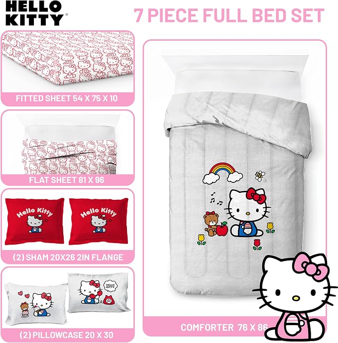 Sanrio Hello Kitty Full Comforter Set 7 Piece Bedding for Girls, Grey | Bed in a Bag, Comforter Sheets Shams Pillowcases, Official Product, Soft Microfiber, Machine Washable, Girls Gift