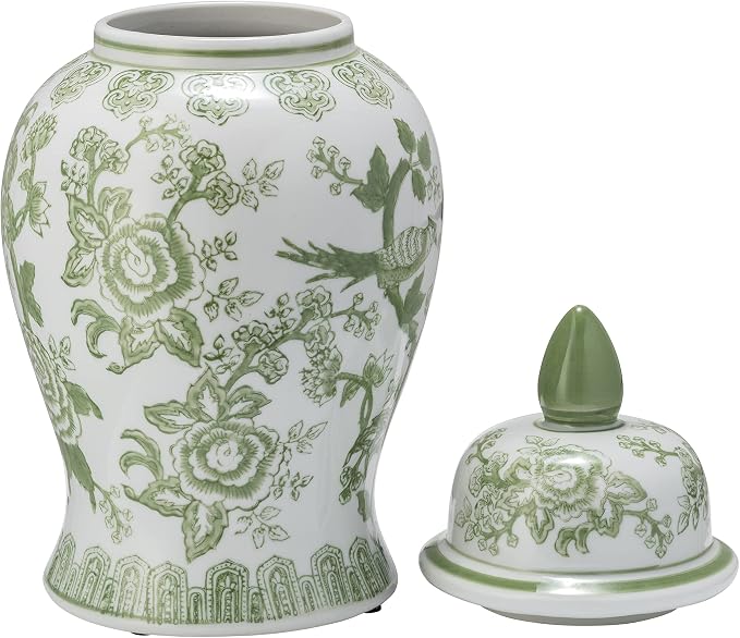 Temple Decorative Jar with Lid – Chinoiserie Ceramic Decorative Stoneware for Home Decor – Modern Centerpiece for Living Room, Bedroom & Office – 14.25", Green & White